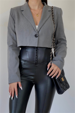GRİ CROP BLAZER CEKET