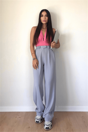 GRİ PENS DETAYLI PALAZZO PANTOLON