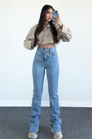 KEMER DETAYLI YIRTMAÇLI PANTOLON 