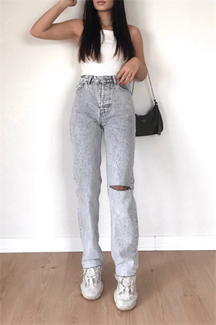KESİK PAÇA TEK DİZİ YIRTIK JEAN 