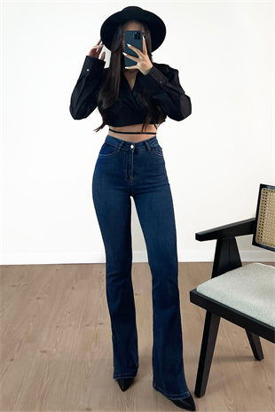 KOYU MAVİ RENK YIRTMAÇLI YÜKSEK BEL LİKRALI JEAN