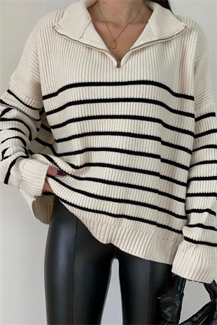 KREM ÇİZGİLİ KAZAK