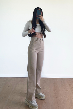 KREM WİDE LEG JEANS