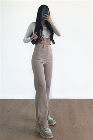 KREM WİDE LEG JEANS