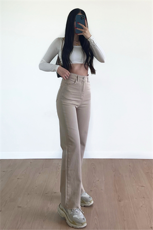 KREM WİDE LEG JEANS
