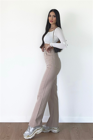 KREM WİDE LEG JEANS