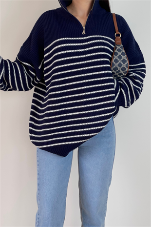 LACİVERT ÇİZGİLİ KAZAK