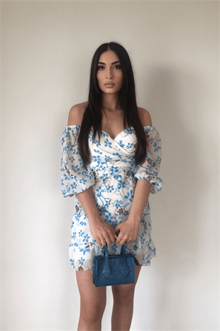 MAVİ ÇİÇEK DESENLİ ELBİSE 