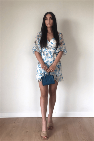 MAVİ ÇİÇEK DESENLİ ELBİSE 