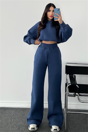 MAVİ ŞARDONLU KAPÜŞONLU BOL PAÇA EŞOFMAN TAKIMI