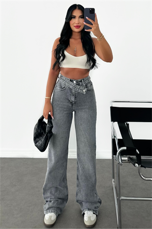 PREMİUM ANTRASİT KEMERLİ EKSTRA YÜKSEK BEL WİDE LEG JEAN