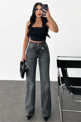 PREMİUM ANTRASİT KEMERLİ WİDE LEG RESSA JEAN 