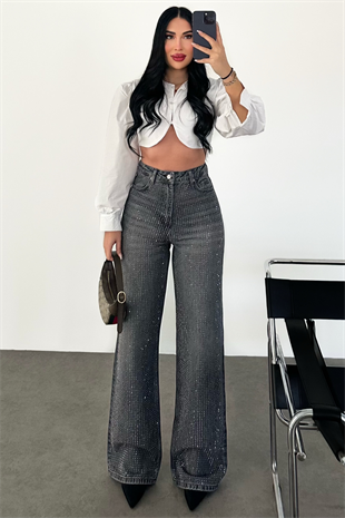 PREMİUM ANTRASİT RENK TAŞLI YÜKSEK BEL JEAN