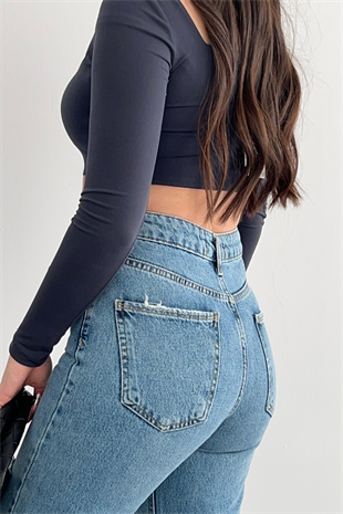 PREMİUM ASİMETRİK DİZİ YIRTIK JEAN LAO WİDE LEG