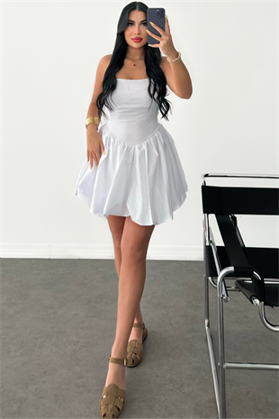 PREMİUM ASKILI BALON ETEK BEYAZ ELBİSE