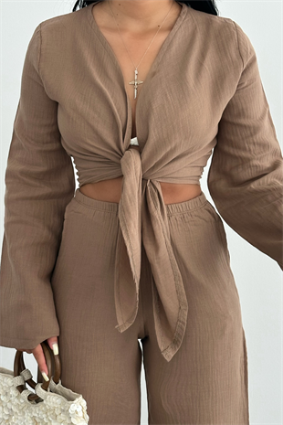 PREMİUM BAĞLAMALI CAMEL RENK MÜSLİN TAKIM