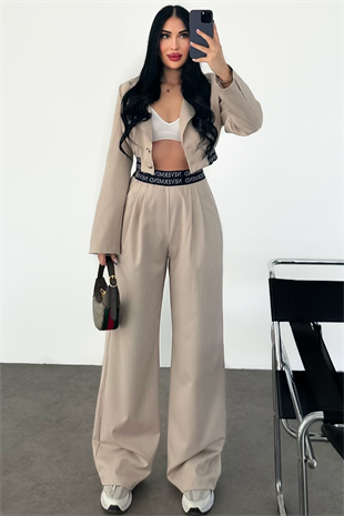 PREMİUM BASKILI BEJ RENK CEKET TAKIM