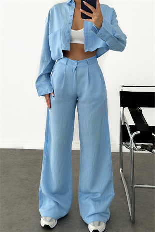 PREMİUM BEBE MAVİ CEP DETAYLI ÇİZGİLİ LORİA TAKIM