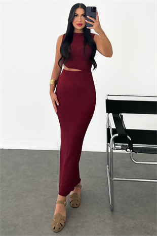 PREMİUM BEL DETAYLI BORDO ELBİSE
