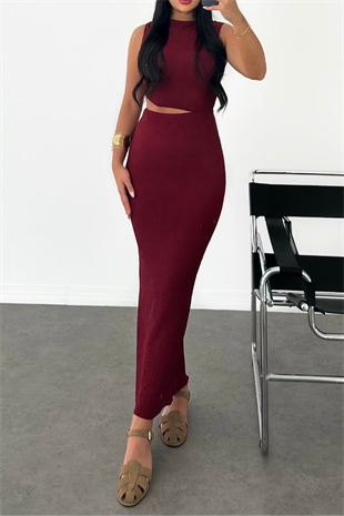 PREMİUM BEL DETAYLI BORDO ELBİSE