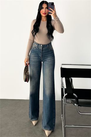 PREMİUM BEL DETAYLI KOYU TİNTLİ WİDE LEG JEAN