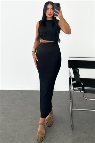 PREMİUM BEL DETAYLI SİYAH ELBİSE