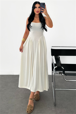 PREMİUM BELDEN OTURMALI BEYAZ ELBİSE