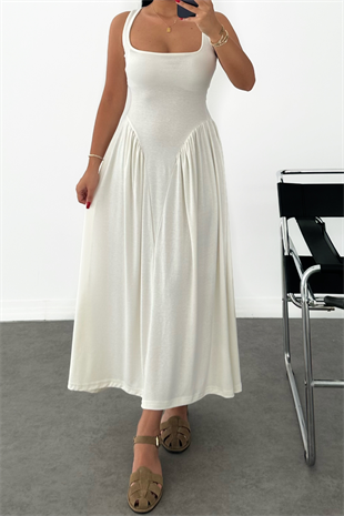 PREMİUM BELDEN OTURMALI BEYAZ ELBİSE