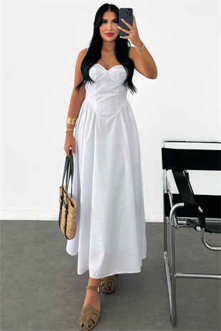 PREMİUM BEYAZ BELDEN OTURMALI İNCE ASKILI ELBİSE