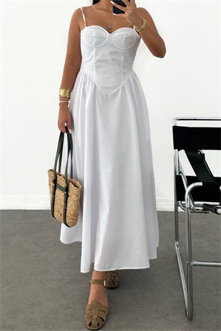 PREMİUM BEYAZ BELDEN OTURMALI İNCE ASKILI ELBİSE