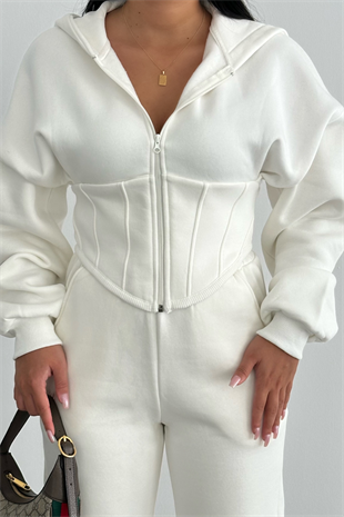 PREMİUM BEYAZ ŞARDONLU KORSE DETAYLI EŞOFMAN TAKIMI