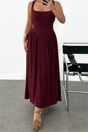 PREMİUM BORDO BELDEN OTURMALI UZUN ELBİSE