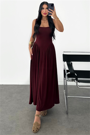 PREMİUM BORDO BELDEN OTURMALI UZUN ELBİSE