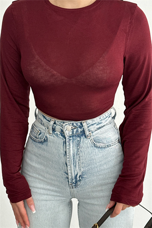 PREMİUM BORDO TRANSPARAN BLUZ