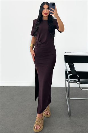 PREMİUM BORDO YIRTMAÇLI ELBİSE