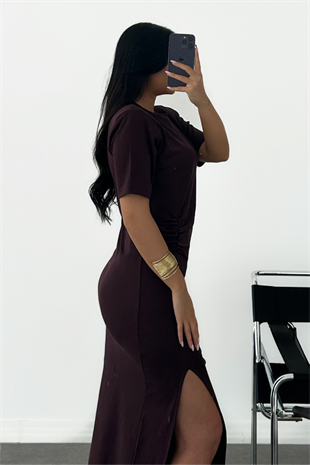 PREMİUM BORDO YIRTMAÇLI ELBİSE