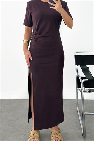 PREMİUM BORDO YIRTMAÇLI ELBİSE