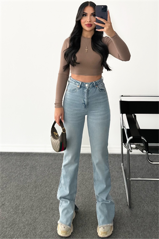 PREMİUM BUZ MAVİ RENK YANDAN YIRTMAÇLI YÜKSEK BEL JEAN
