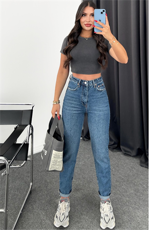 PREMİUM DARK BLUE MOM JEAN