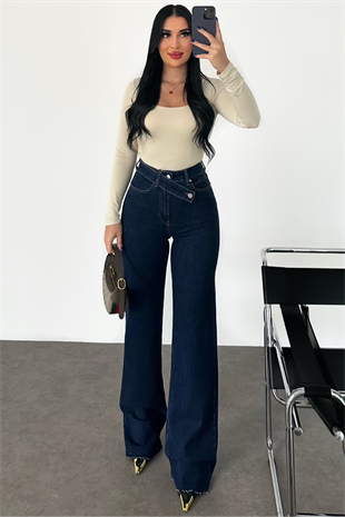 PREMİUM DARK BLUE EKSTRA YÜKSEK BEL ÇAPRAZ KEMERLİ WİDE LEG JEAN