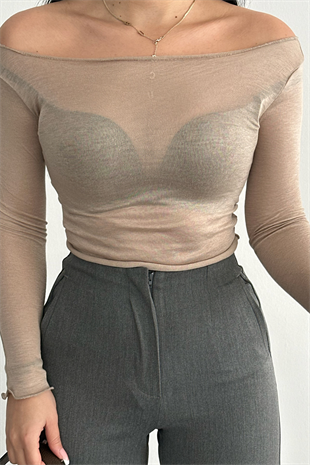 PREMİUM EKRU TRANSPARAN BLUZ