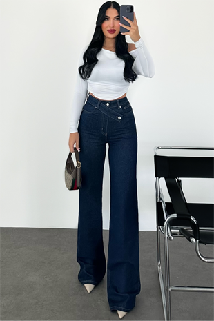 PREMİUM EKSTRA YÜKSEK BEL DARK BLUE KEMER DETAYLI WİDE LEG ESİLİA JEAN