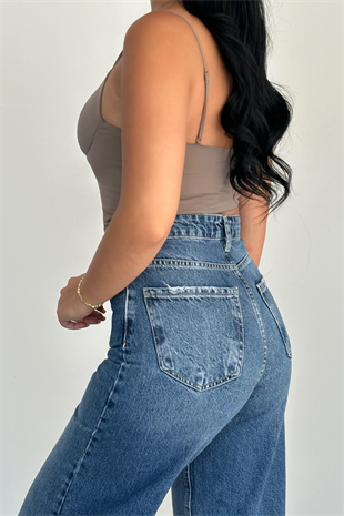 PREMİUM EKSTRA YÜKSEK BEL DARK BLUE WİDE LEG PANTOLON