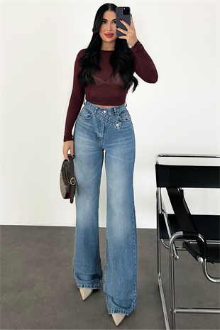 PREMİUM EKSTRA YÜKSEK BEL İCE BLUE KEMER DETAYLI WİDE LEG JEAN