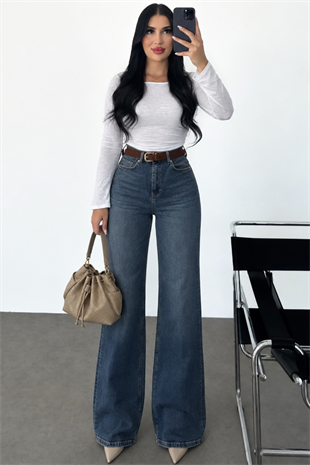 PREMİUM EKSTRA YÜKSEK BEL KEMERLİ TİNT BLUE WİDE LEG JEAN