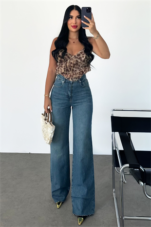 PREMİUM EKSTRA YÜKSEK BEL MİD BLUE TİNTLİ WİDE LEG JEAN