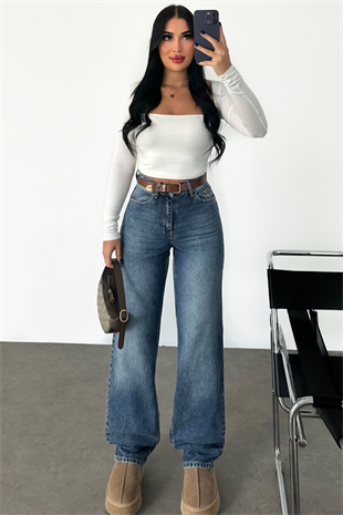 PREMİUM KAHVE KEMER DETAYLI MİD BLUE JEAN