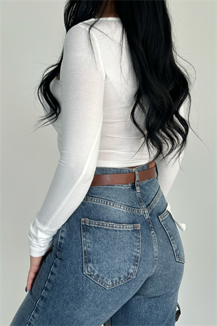 PREMİUM KAHVE KEMER DETAYLI MİD BLUE JEAN