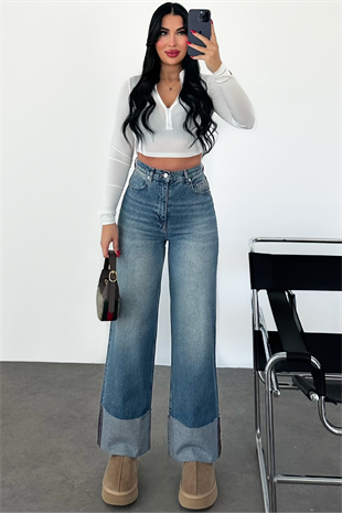 PREMİUM KATLAMALI MİD BLUE WİDE LEG JEAN