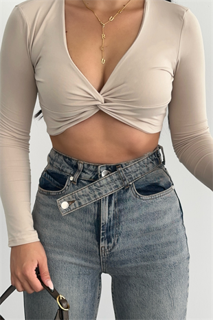 PREMİUM KEMER DETAYLI MİD BLUE WİDE LEG JEAN